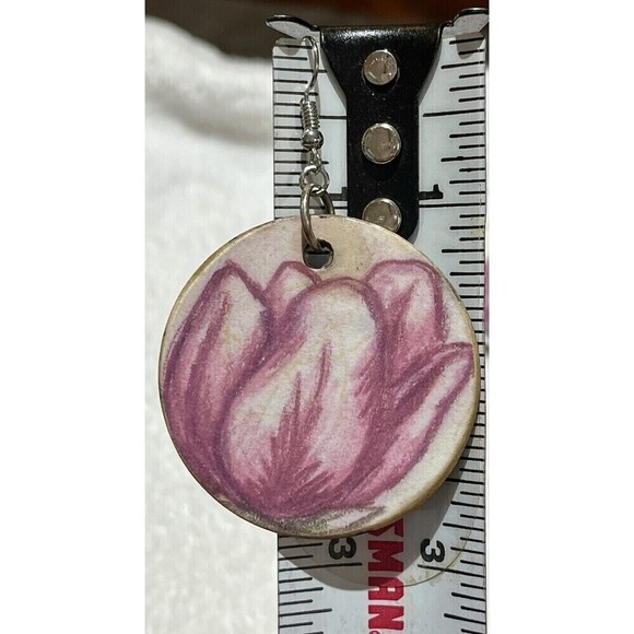 Pink Cream Tulip Wood Dangle Round Print Earrings Jewelry Handmade Boho - Picture 4 of 5